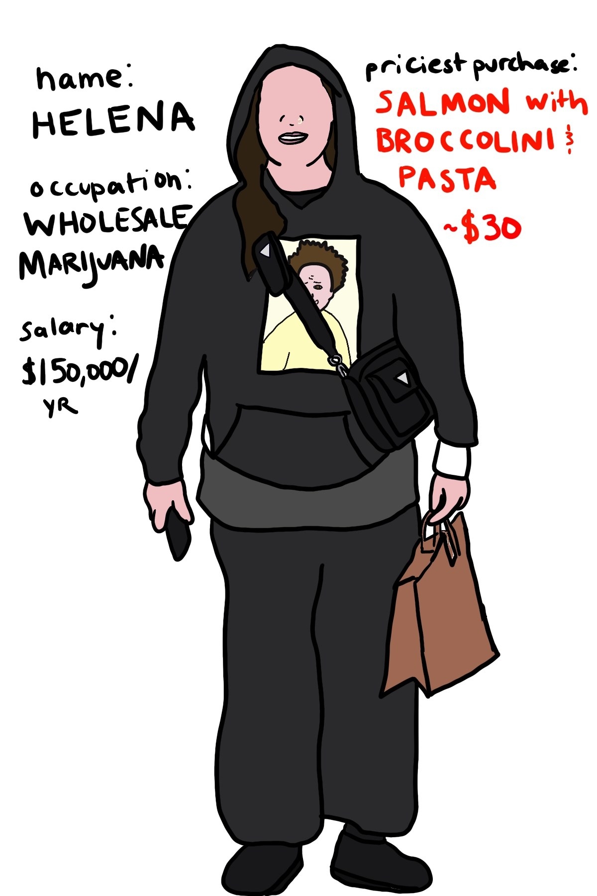 Illustration of customer in hoodie who works in wholesale marijuana, bought a salmon combo plate for $30, and makes $150k a year