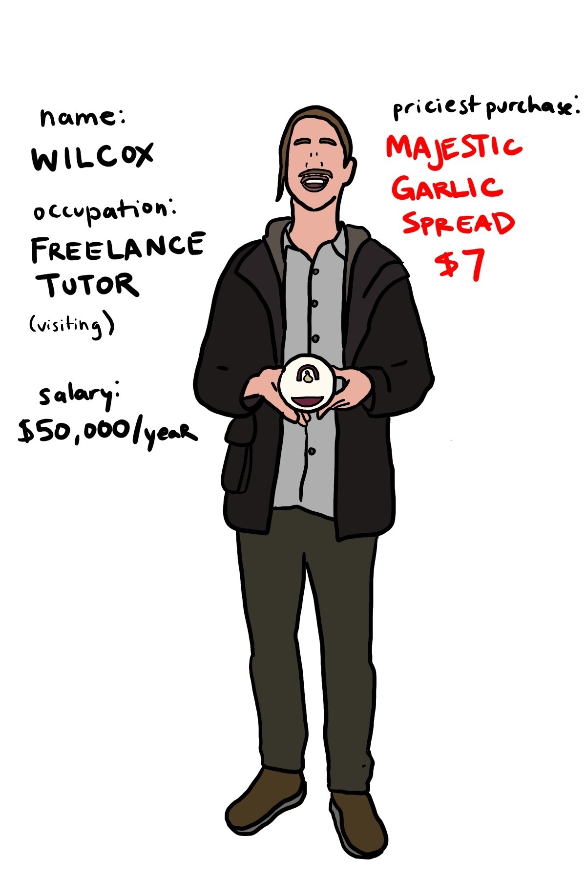 Customer showing off $7 garlic spread who earns $50k as a freelance tutor