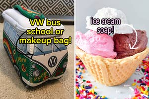 Reviewer's VW bus school or makeup bag and soaps shaped like vanilla, strawberry, and chocolate ice cream