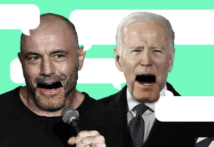 biden and joe rogan with their mouths cut out like puppets