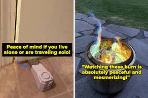 L: a door wedge alarm with text on image "peace of mind if you live alone or are traveling solo" R: colorful fire burning in a fire pit with reviewer quote "watching these burn is absolutely peaceful and mesmerizing"