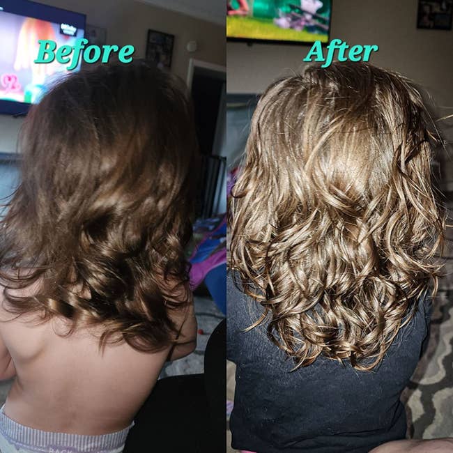 A child's hair with less defined curls/The same child with their hair now more defined and moisturized