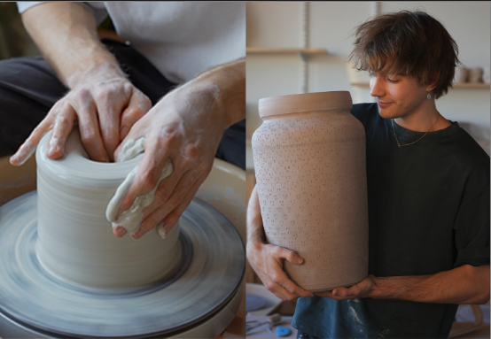 Adam Blythe working on a pot and holding a finished pot