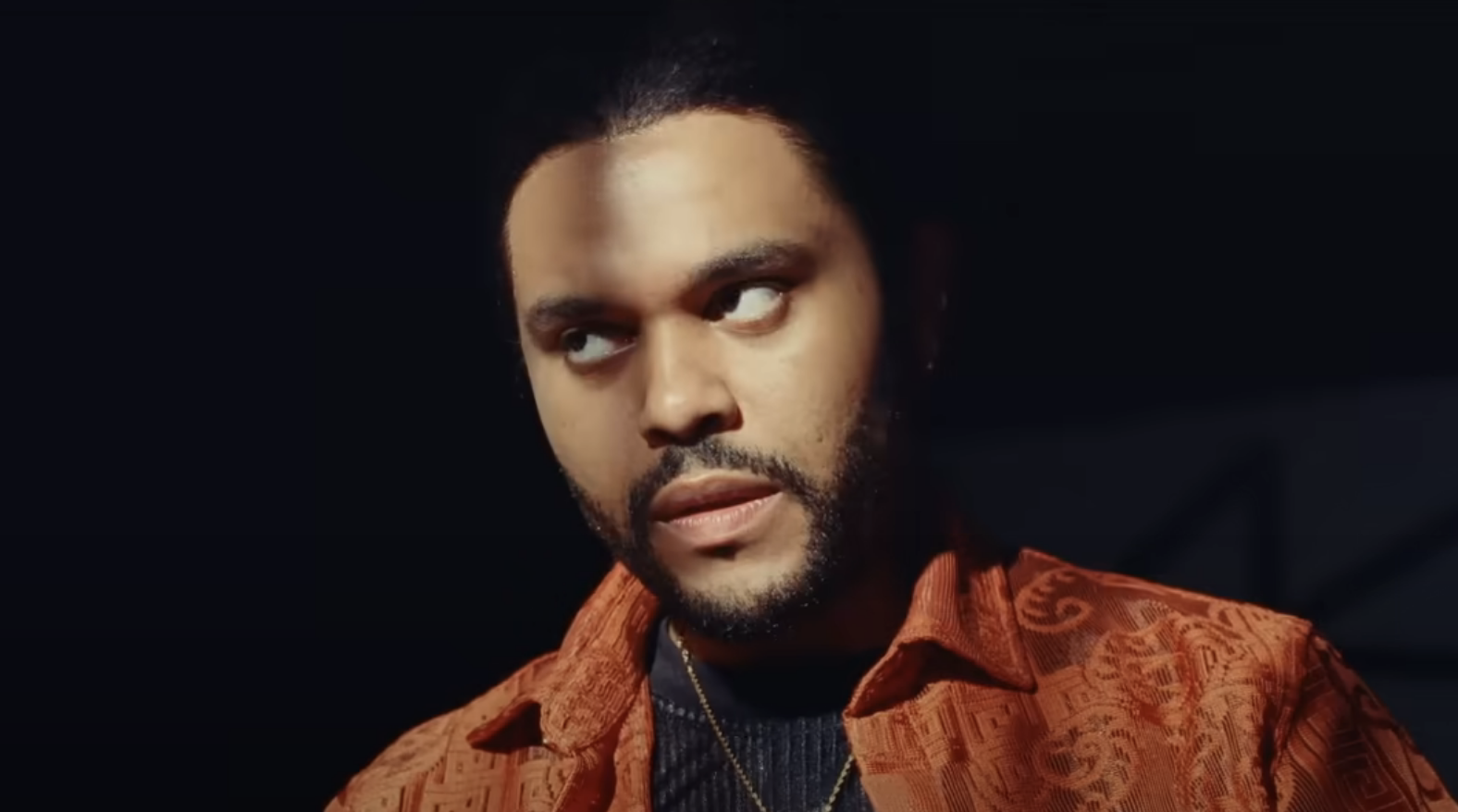 A closeup of The Weeknd standing in the shadows