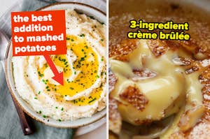 arrow pointing to butter with text: the best addition to mashed potatoes; 3-ingredient creme brulee