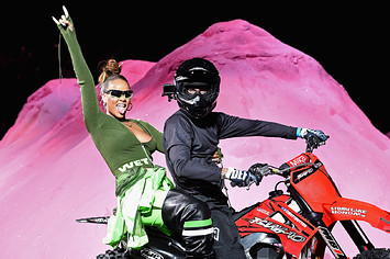 Rihanna on a motorbike on Fenty Puma runway in 2018