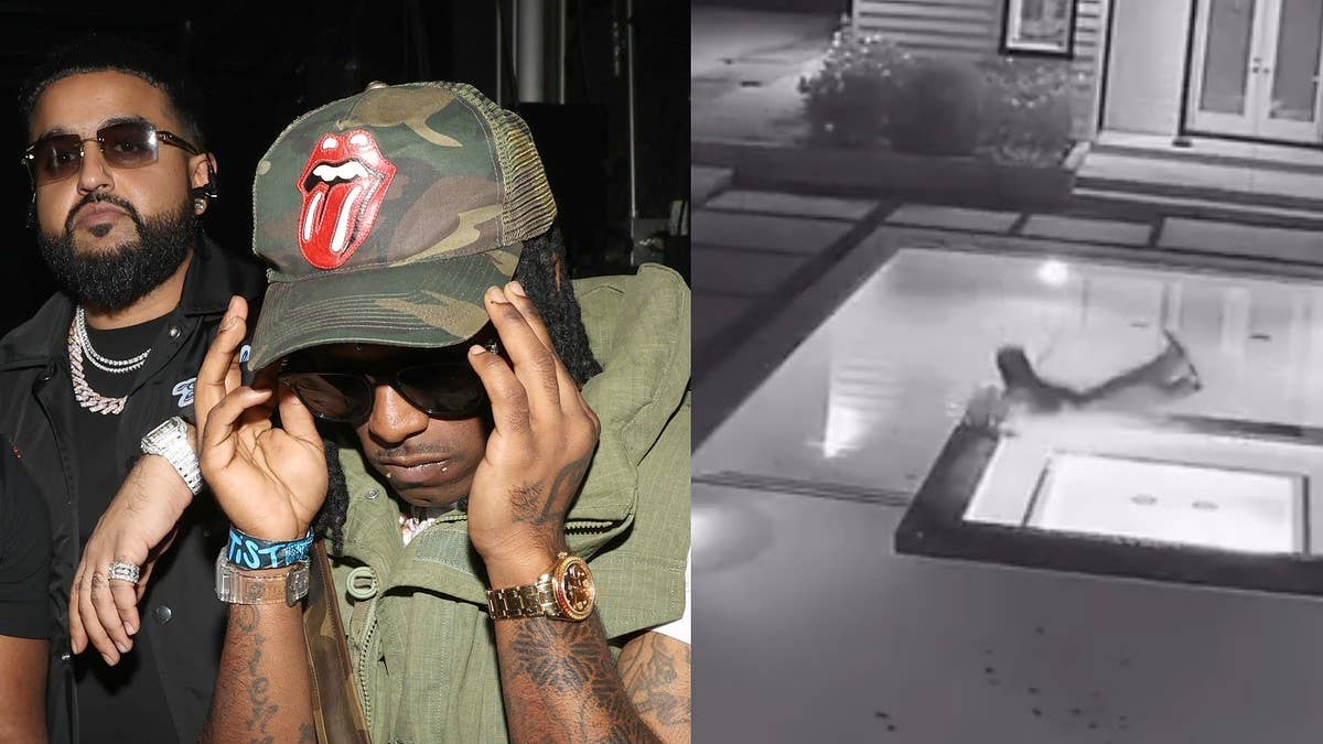 Nav has shared some hilarious CCTV footage of Lil Uzi Vert slipping and falling into his pool, and Nav said it happened after they were in the studio.