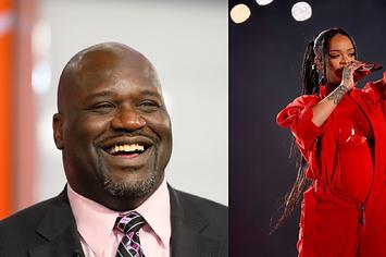 This is a photo of Shaq on the left and Rihanna on the right