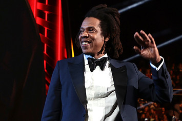 Jay Z is pictured in a tux at a Rock Hall event