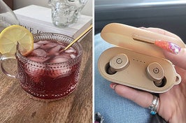 glass and earbuds 