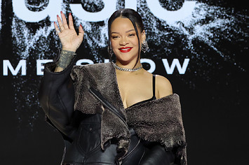 Rihanna attends pre-Super Bowl press conference