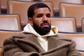 Drake speaks during the first half of NBA game between the Toronto Raptors and the Miami Heat.