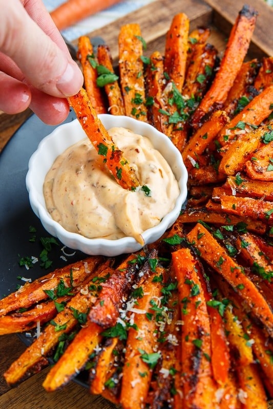 Roasted carrots with dipping sauce.