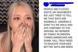 Rosé from Blackpink with her hands over her mouth in shock next to a screenshot of a facebook post arguing angrily that bats are birds and not mammals