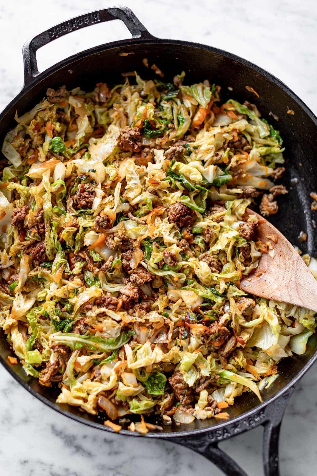 Ground beef stir fry with cabbage.