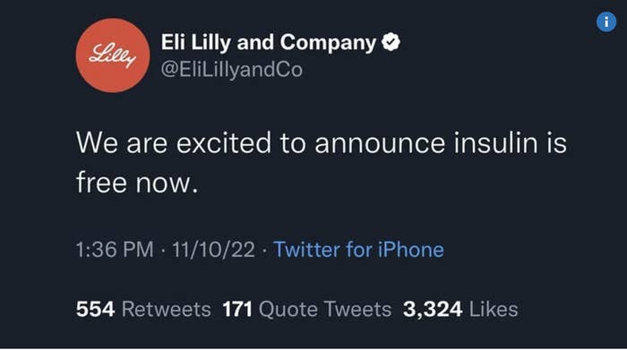 A tweet from an account with the handle @EliLillyandCo, with the name Eli Lilly and Company, reads, &quot;We are excited to announce insulin is free now&quot;