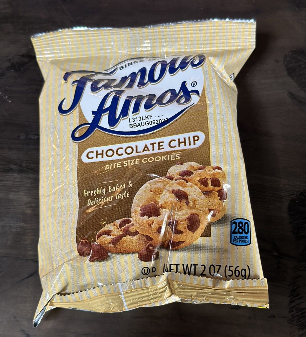 A small bag of Famous Amos Chocolate Chip Bite Size Cookies
