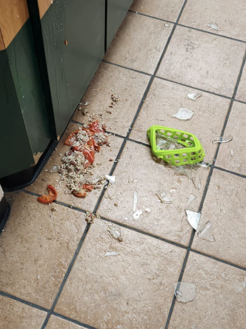 A person&#x27;s dropped food all over the floor