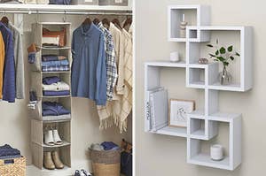 on left, white hanging closet organizer with shoes and shirts on shelf. on right, floating square-shaped white shelves with plants and books inside