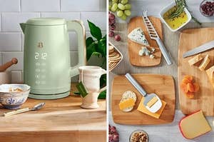 on left, light green electric kettle. on right, three different-sized wood cutting boards with cheese and bread and silver knives