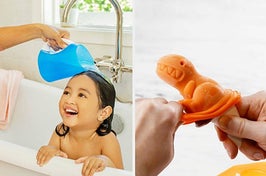 Child gets hair washed and dinosaur popsicle 