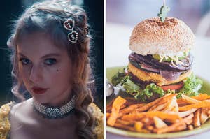 Taylor Swift looking up in the Bejeweled music video, and on the right, a vegan burger with sweet potato fries on a plate