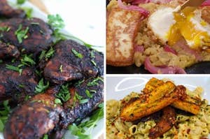 3 different recipes shown: Jerk Chicken on a white plate with cilantro topping, plantain mac and cheese with muchrooms, and mangu with fried cheese and salami with fork and knife breaking open an egg