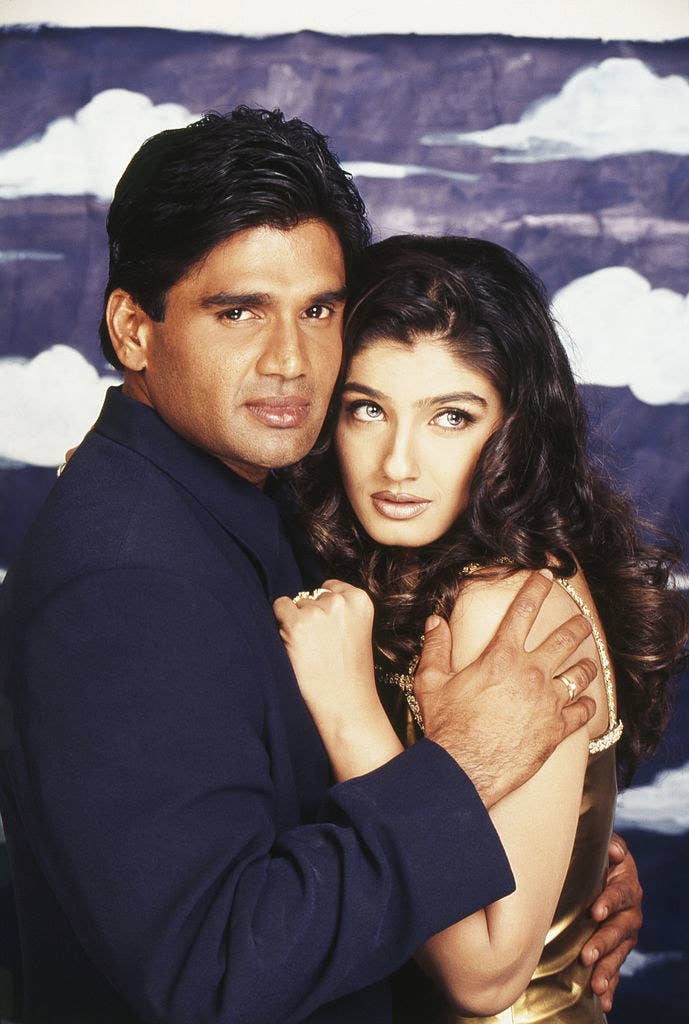 Portrait of Indian film actor Suniel Shetty and actress Raveena Tandon