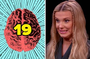 Millie Bobby Brown and a brain illustration with "19" written on it