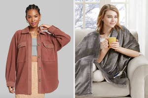 on left, model wearing soft brown shacket. on right, model holding cup of tea while wearing fluffy gray heated blanket. 