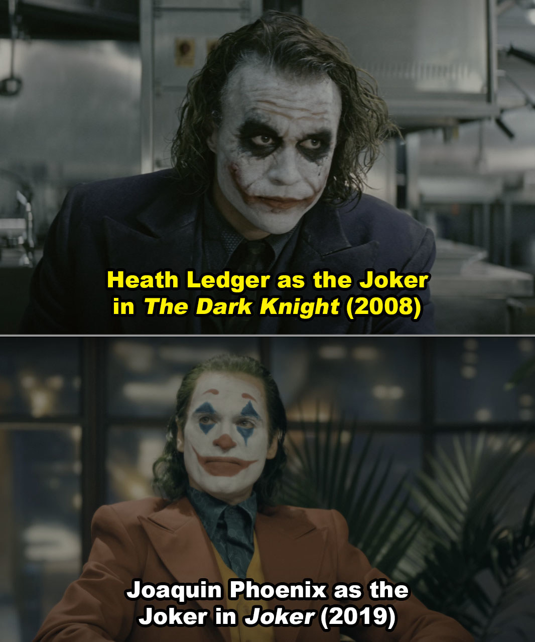 Heath and Joaquin in their Joker clown makeup in each movie