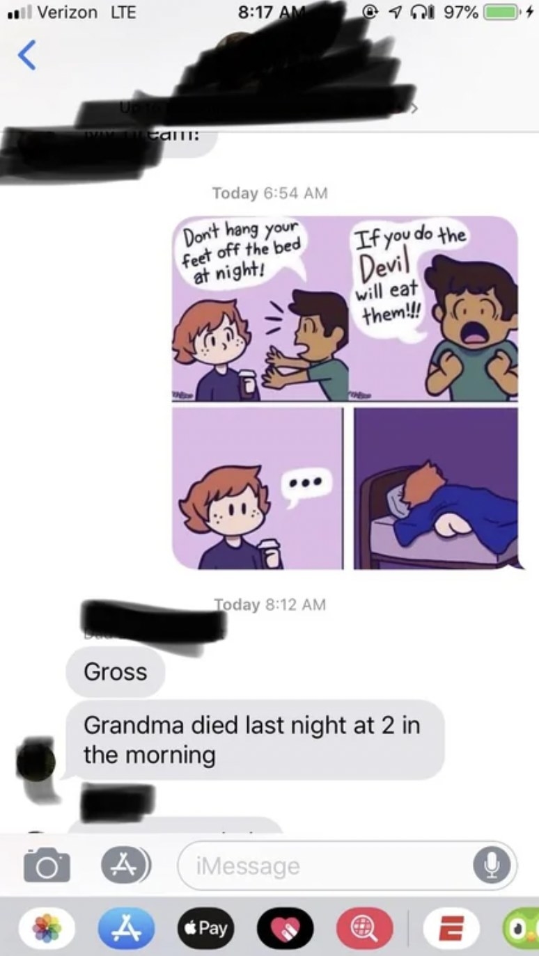 A son shares an inappropriate meme about eating ass after grandma passed away