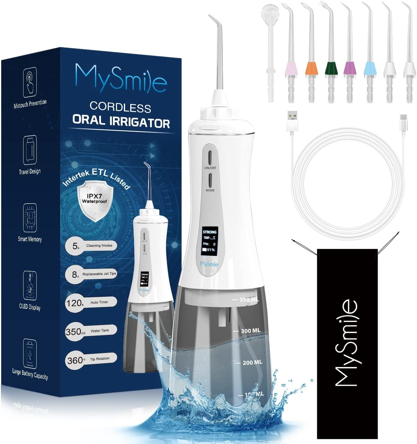 a water flosser on a blank background with all of its accessories and packaging