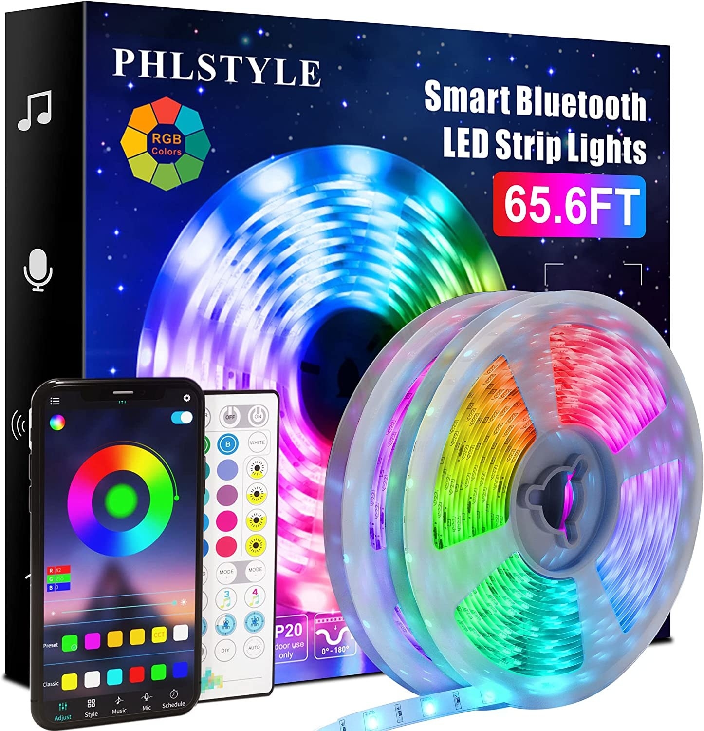 two rolls of led light strips next to a phone showing the app they connect to, a remote, and their packaging