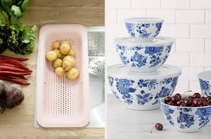 a light pink colander stretched over a sink / a set of blue floral mixing bowls