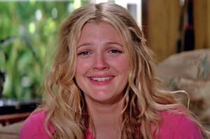 Drew Barrymore smiling and crying happy tears as Lucy in 50 First Dates