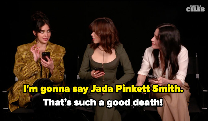 One person answering &quot;I&#x27;m gonna say Jada Pinkett Smith&quot; to which another actor replies &quot;That&#x27;s such a good death!&quot;