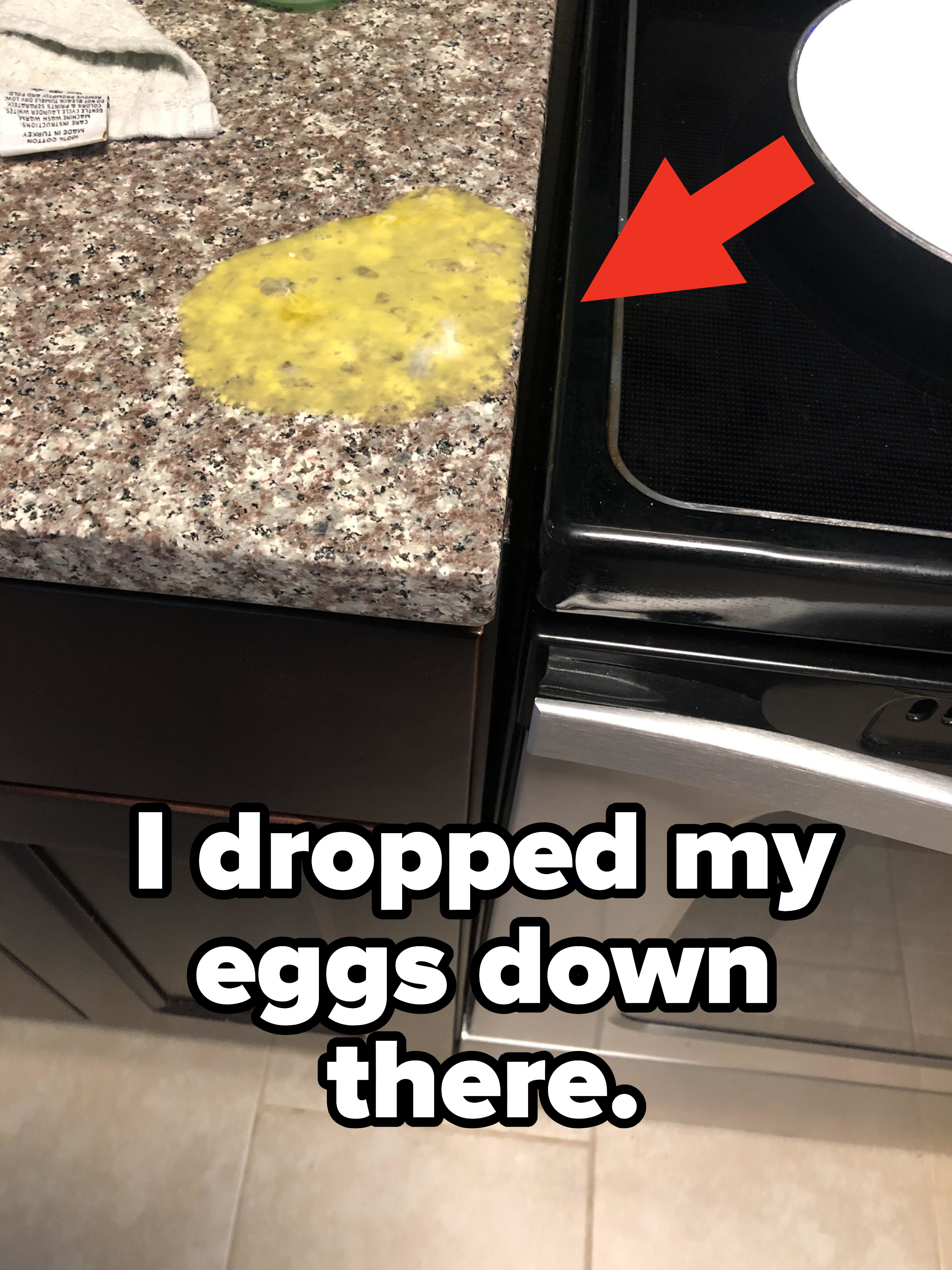 eggs that fell between and oven and a counter