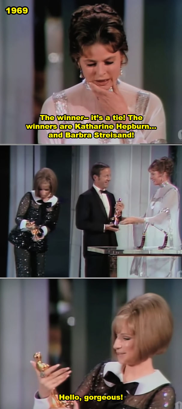 Katharine Hepburn and Barbra Streisand tying at the Oscars in 1969