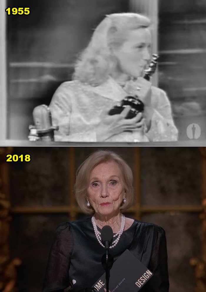 Eva accepting her Oscar in 1955 and presenting in 2018