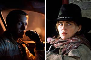 Ryan Gosling sits in a car, holding a toothpick to his mouth with leather gloves / Sharon Stone in a dusty cowboy get-up stares intensely while holding a glass cup and a holstered gun