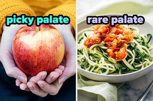 On the left, someone holding an apple labeled picky palate, and on the right, some zoodles with sauce labeled rare palate