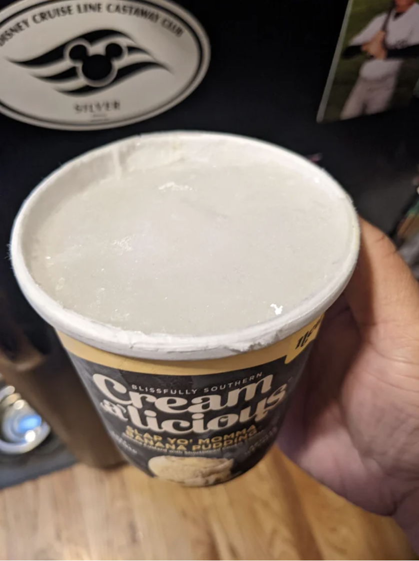 Frozen water in an ice cream carton