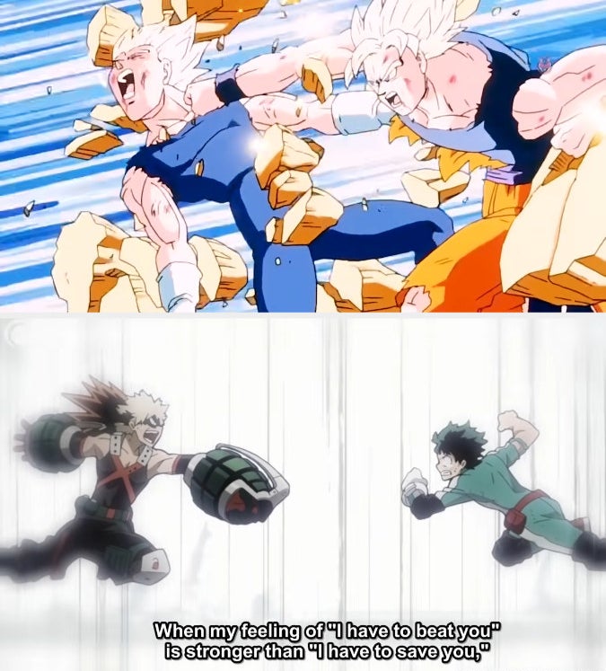 Top: Goku and Vegeta fighting in Dragon Ball Z; Bottom: Bakugo and Midoriya fighting in Fullmetal Alchemist