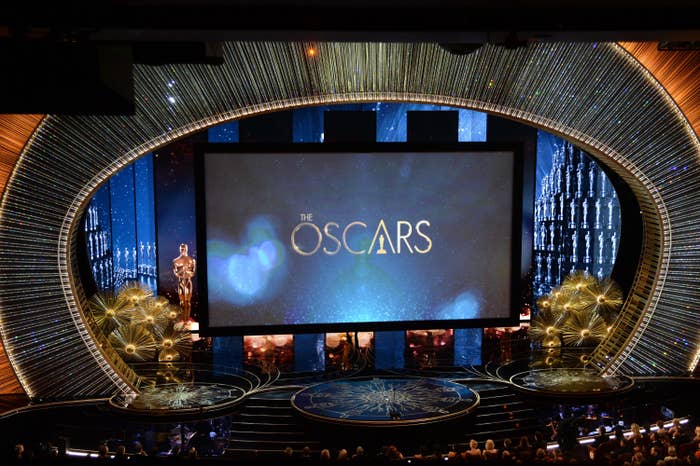 The Oscars stage which features a large projector