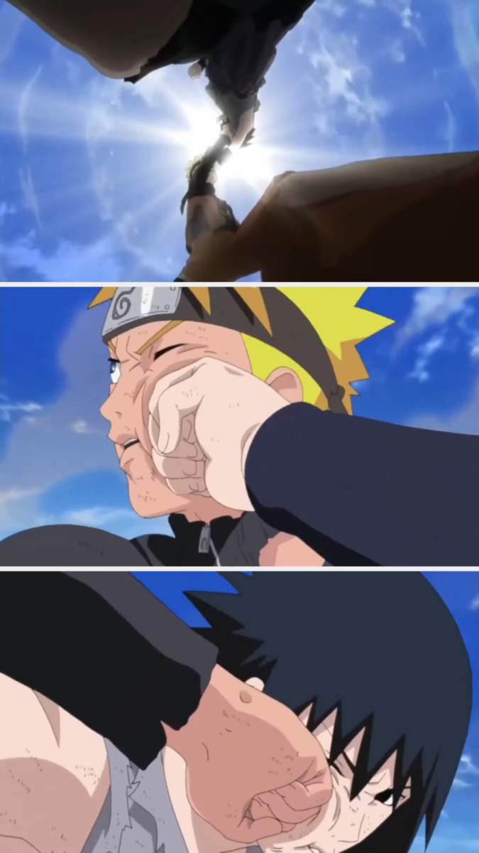 Naruto and Sasuke cross-counter punch each other in Naruto: Shippuden