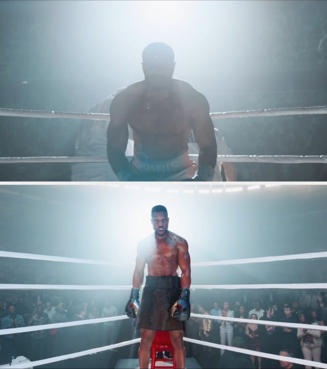 Michael B. Jordan and Jonathan Majors in opposite corners of a boxing ring in Creed III
