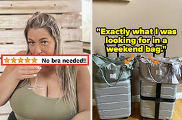 L: reviewer with a large chest wearing a cropped bralette top with quote "no bra needed" R: two duffel bags, one green and one gray, stacked on suitcases with quote "exactly what I was looking for in a weekend bag"
