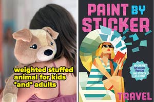 weighted stuffed animal and paint by sticker 