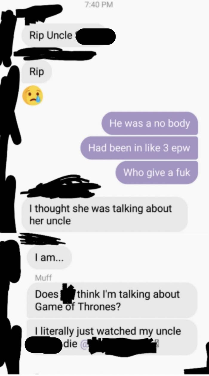 a person accidentally thinks the death of an uncle is a &quot;Game of Thrones&quot; character in a group chat
